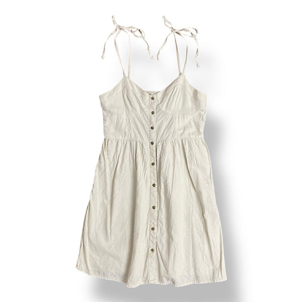 Aerie Linen Blend Button Front Tie Strap Mini Dress XS Cream Smocked Back Summer